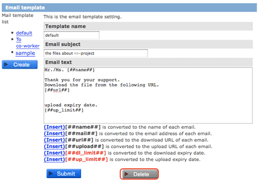 screen of the mail template
