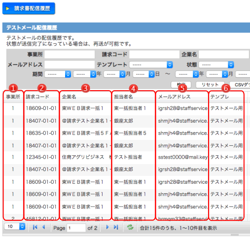 テストメール配信履歴-検索後